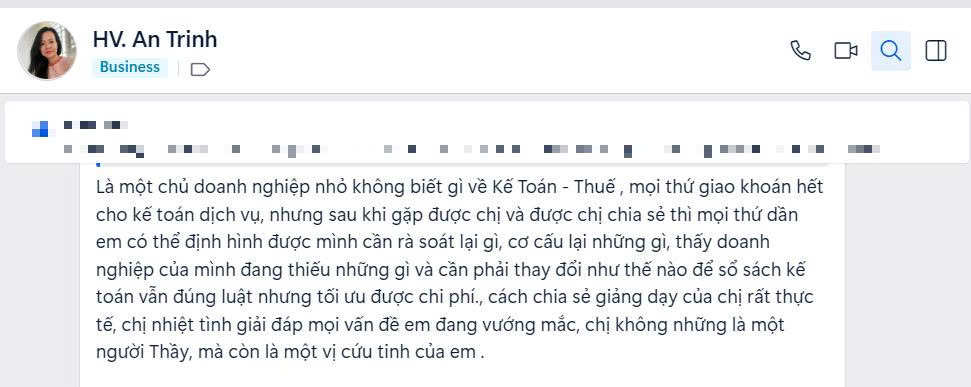 Đánh giá của học viên An Trinh — chủ doanh nghiệp về khóa học của Trần Kim Lý